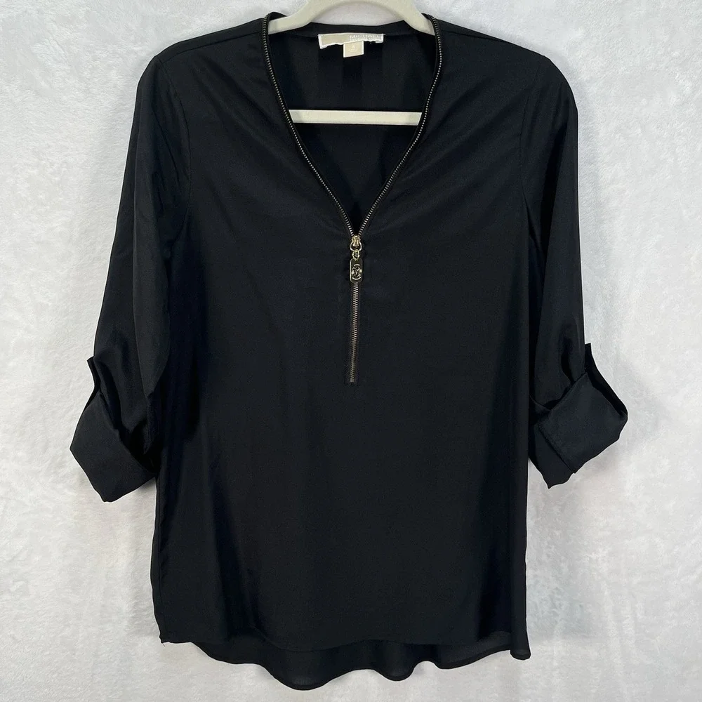 Michael Kors Zip Vneck Roll Tab Blouse Womens Small Black Career Work Minimal